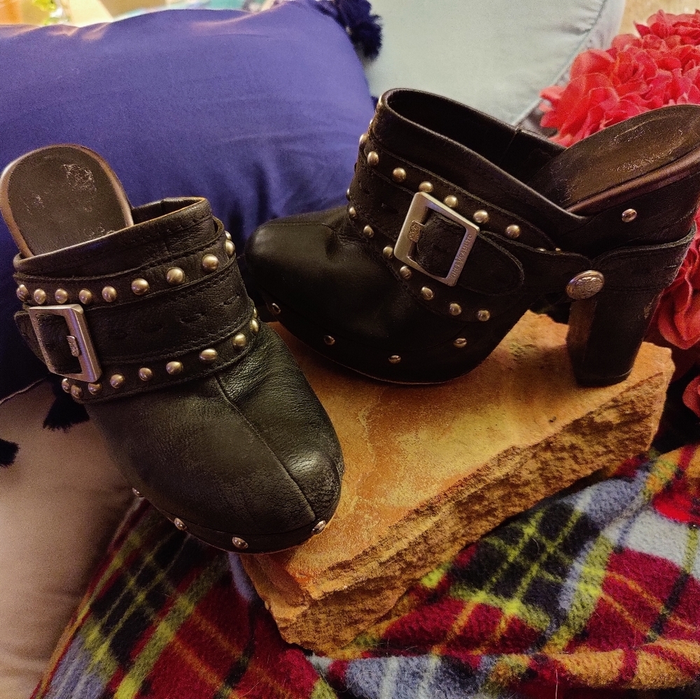 Vince Camuto Black Leather Studded Buckle Bootie Heels